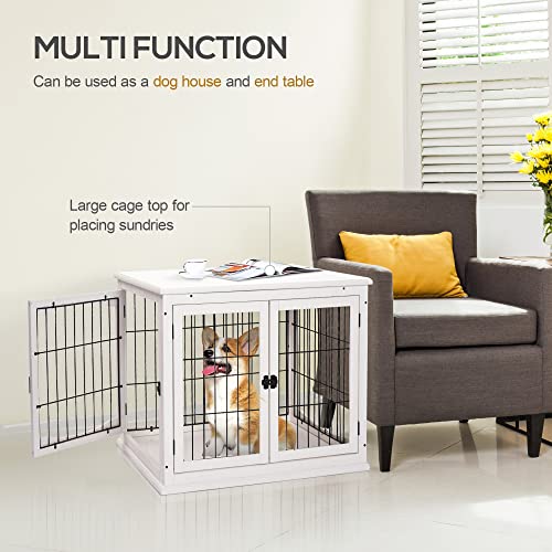 PawHut Dog Crate Furniture, Small Dog Cage End Table with Two Opening Sides, Lockable Door, Puppy Kennel Indoor, Cute and Decorative, Pure White PawHut