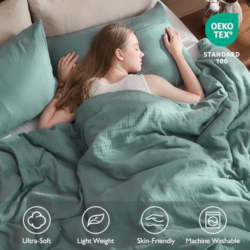 EMME Muslin Cotton Duvet Cover Set Teal Twin Size Linen Like Soft Breathable Lightweight Summer Comforter Cover Set with Zipper Closure (Teal, Twin, 68"x90") EMME