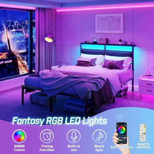 OURPIC Full Size Bed Frame with Headboard, Bed Frame Full Size with LED Light and Charging Station, Black Metal Platform Bedframe and Storage Shelf, No Box Spring Needed, Noise Free OURPIC