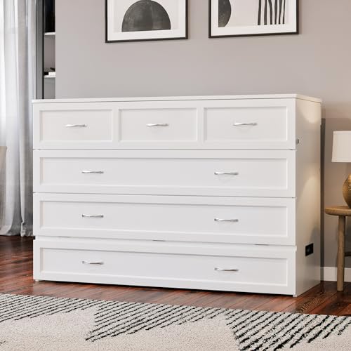 AFI, Northfield Queen Murphy Bed Chest with Mattress, Storage Drawer and Built-in USB Charger, White AFI