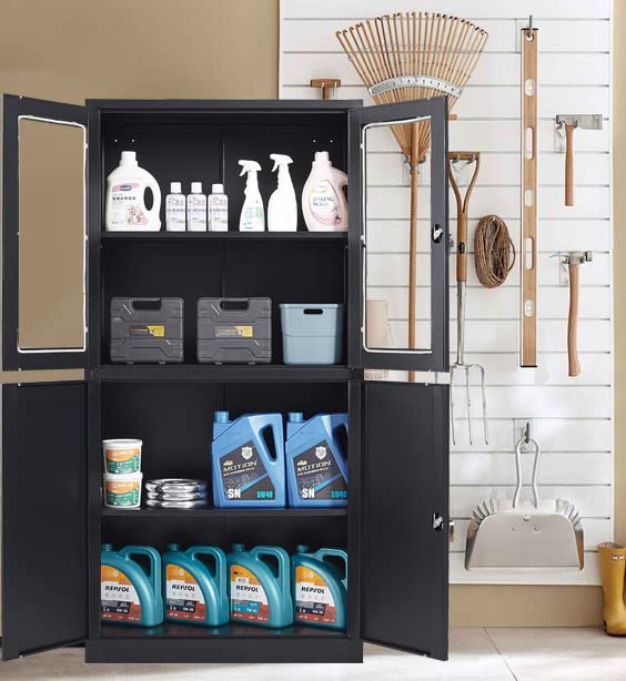 SISESOL Display Cabinet with Glass Doors and Lock,Black Metal Storage Cabinet,Freestanding Locking Kitchen Pantry Cabinets with Doors and Shelves for Home Office,Pantry,Kitchen Bathroom SISESOL