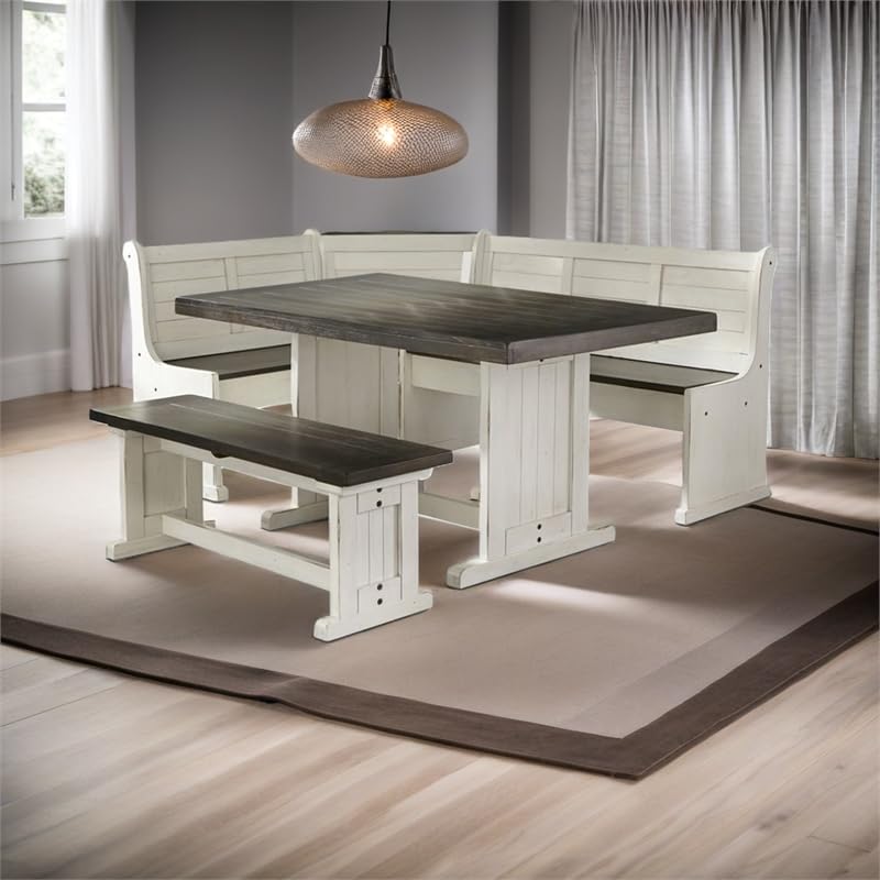 Pemberly Row Farmhouse Wood Kitchen Corner Breakfast Dining Nook Set with Hidden Storage in Off White Dark Brown Pemberly Row