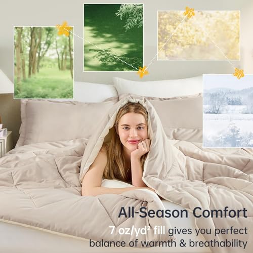 JOLLYVOGUE King Size Comforter Set, Soft Reversible Bedding for All Seasons, 3 Pieces Down Alternative Bed Set Includes 1 Lightweight Comforter (104"x90") and 2 Pillow Shams (20"x36"), Beige & Ivory JOLLYVOGUE