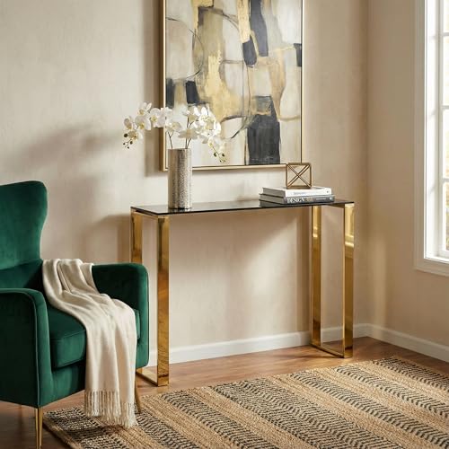 Cortesi Home Remini Narrow Contemporary Glass Console Table in Polished Gold Finish, Black Glass Cortesi Home