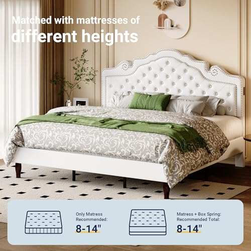 Allewie King Bed Frame with Adjustable Velvet Tiara Headboard, Upholstered Diamond Button Tufted Platform Bed, Wood Slats Support, No Box Spring Needed, Mattress Foundation, Easy Assembly, White Allewie