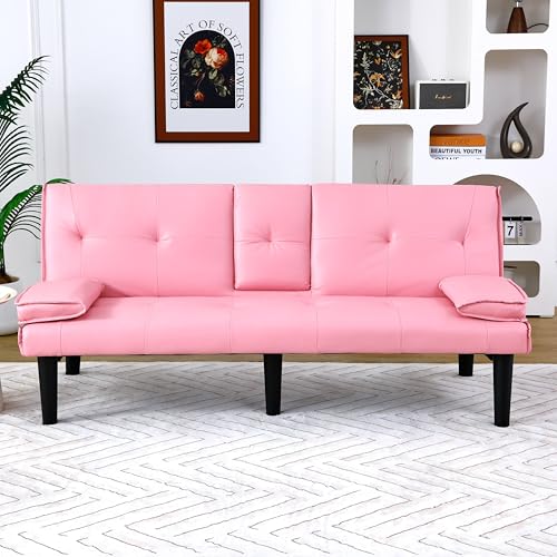 67-inch PVC Sofabed Convertible Sleeper Sofa Bed w/Cup Holders &3 Reclining Backrest Futon Sofa Bed Love Seat Couch Modern Small Couches for Small Spaces for Living Room Office Apartment (Pink) GOAWGO