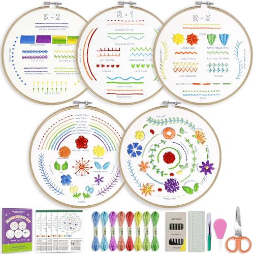 CYANFOUR 5 Stage Starter Embroidery Kit for Beginners Adults and Teens, Easy to Learn 33 Different Stitches from Video & Instruction, Needlepoint Kits for Adults