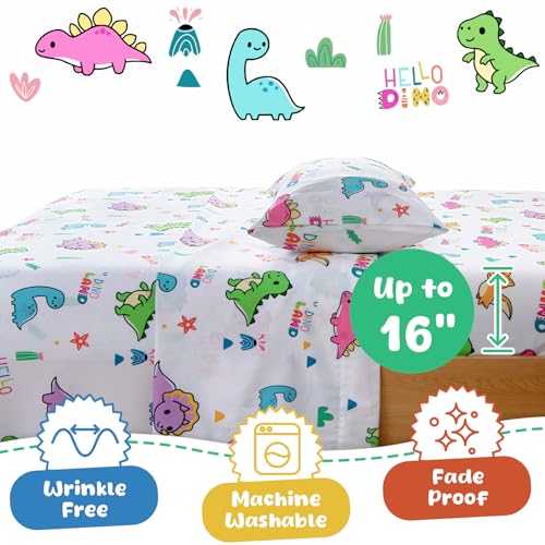 Swiftify Queen Sheet Set for Kids Boys & Girls, 4-Piece Bed Sheet Set for Teens Boys Girls, Cartoon Printed Bedding Set, Microfiber Deep Pocket, Wrinkle & Fade Resistant, Cute Dinosaur Swiftify