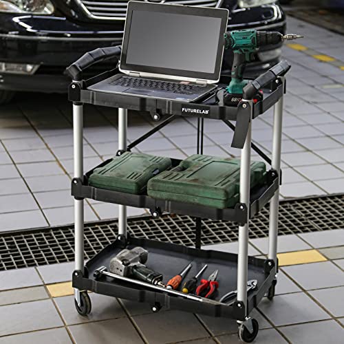 FUTURELAB Portable Folding Service Cart - 3 Tier 330LBS Capacity - Rolling Cart Utility Cart Foldable Cart with Wheels for Warehouse Home Workshops FUTURELAB