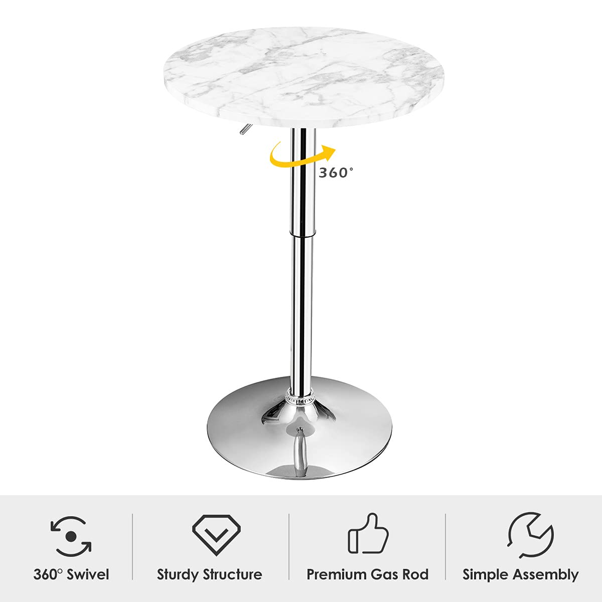 Giantex Round Pub Table Height Adjustable, 360° Swivel Cocktail Pub Table with Sliver Leg and Base for Home, Bar Table (White) Giantex