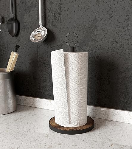 OROPY Paper Towel Holder Countertop with Heavy Duty Wood Base, Farmhouse Paper Towel Roll Stand for Kitchen Counter fits Standard and Jumbo Size Paper Towels (Brown) OROPY