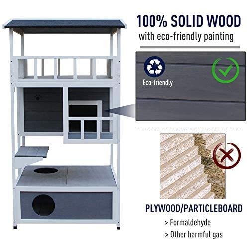 PawHut Wooden Outdoor Cat House, Feral Cat Shelter Kitten Condo with Asphalt Roof, Escape Doors, Condo, Jumping Platform, Grey PawHut