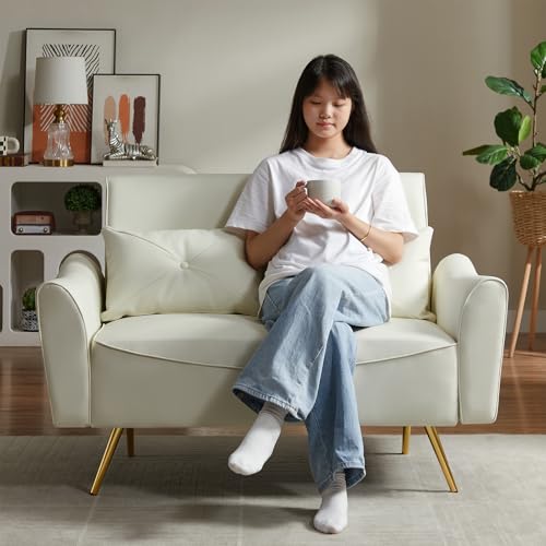 Chfeloai 48" Faux Leather Loveseat, Mid Century Modern Futon Sofa with 2 Pillows, Small Couch for Small Space, Living Room, Bedroom, Apartment, Home Office (Off-White) Chfeloai