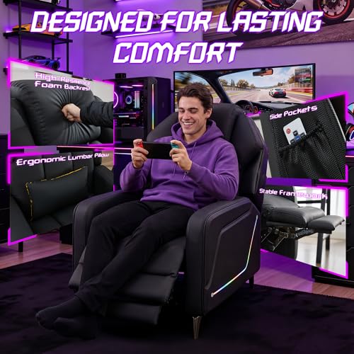 SnyFivv Gaming Recliner Chair with LED Lights, Racing Style PU Leather Gaming Recliner for Adults, Ergonomic Push-Back Recliner with Lumbar Pillow, Home Theater Seating with Side Pockets, Black