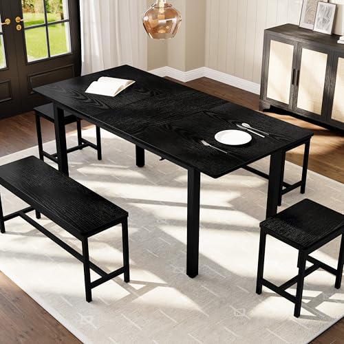 GAOMON Extendable Dining Table Set for 6-8 People, Farmhouse Style Wooden Table with 2 Benches and 2 Stools, Space Saving Kitchen Dining Room Furniture Set, Black GAOMON