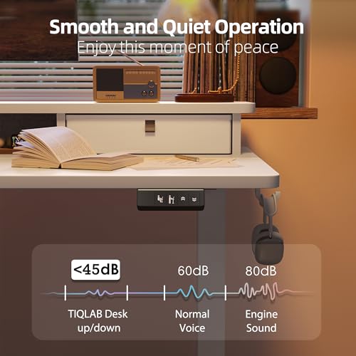 TIQLAB 55 * 28 Inch Standing Desk with Four Drawers, Electric Sit Stand Table, Stand Up Desk Adjustable Height with Storage Shelf, Splice Board, White TIQLAB