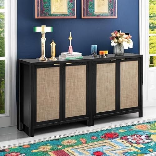 SICOTAS Sideboard Buffet Storage Cabinet - Boho Rattan Credenza Coffee Bar Cabinet with Large Storage, Farmhouse Console Buffet Table for Kitchen Living Room Entryway - 2 Black Pieces SICOTAS