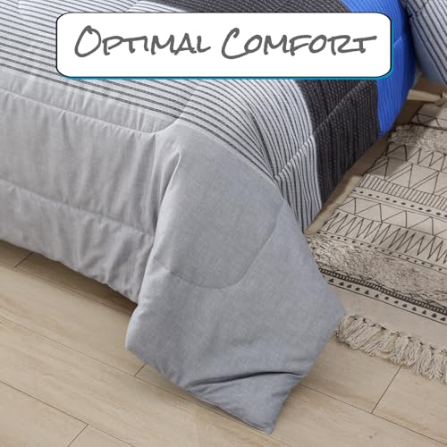 PERFEMET Twin Comforter Set 3 Pieces Bedding Set All Seasons Masculine Striped Pattern Vintage Farmhouse Soft Cozy Bedroom for Elegant Men Teen Girls Boys Gray and Blue PERFEMET