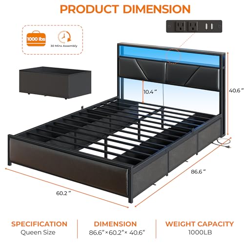 OURPIC Queen Bed Frame, 2-Tier Storage Headboard & 6 Drawers, PU Leather Upholstered Queen Size Platform Bed with Charging Station and LED Lights, No Box Spring Needed, Noise Free OURPIC