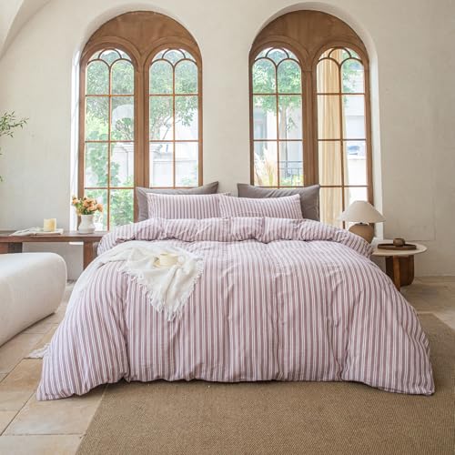 BESTDESIL Striped Duvet Cover Set 100% Washed Cotton Linen Like Soft Feelling Breathable Bedding(Dusty Purple,Full) BESTDESIL