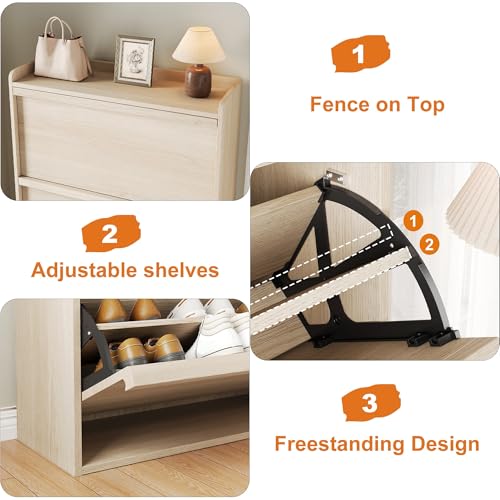 GarveeHome Shoe Cabinet with 3 Flip Drawers, Wooden Shoe Organizer Cabinet with Adjustable Shelf, Shoe Storage for Entryway, Hidden Shoe Cabinet for Hallway, Living Room, Natural Oak GarveeHome