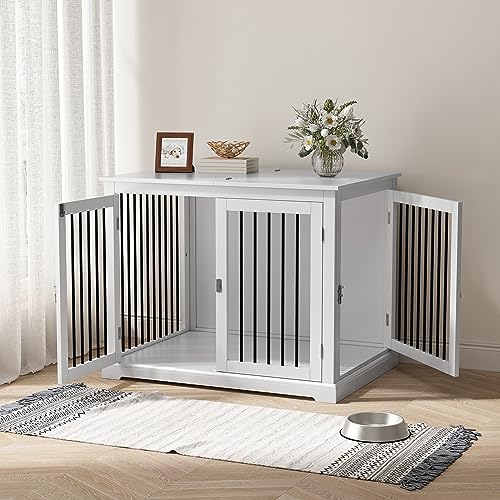 PUPETPO Dog Crate Furniture with Cushion, Dog Crate End Table Large, Indoor Dog Kennel, Dog House, Dog Cages for Large Dogs, Furniture Style Dog Crate with Flip-top, Chew-Proof Metal Bars, White PUPETPO
