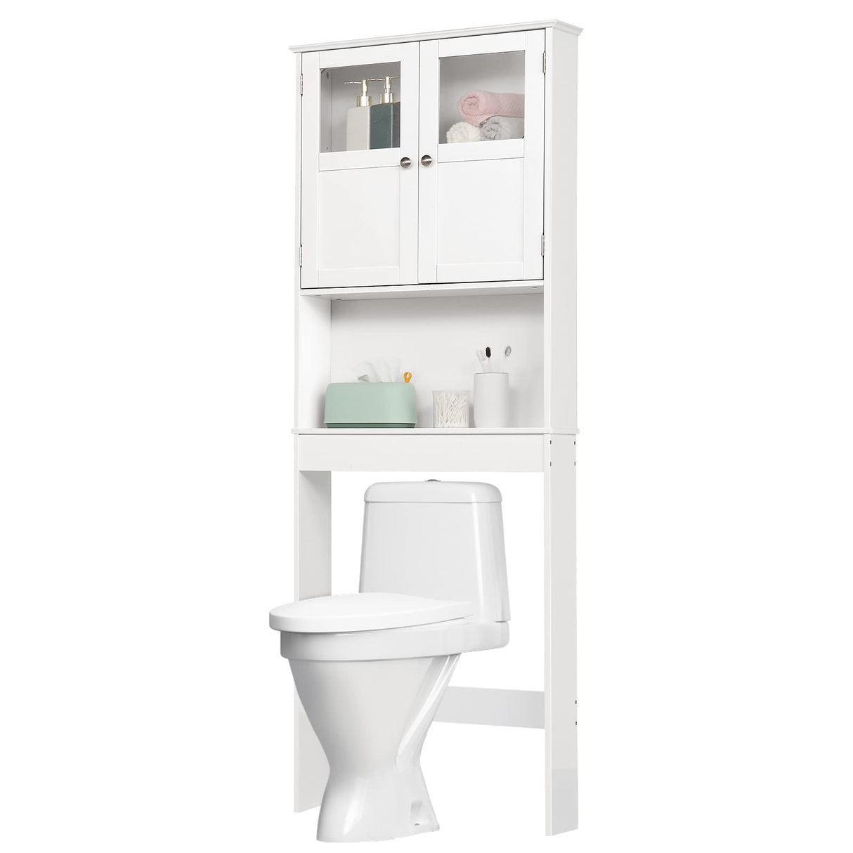 Bonnlo Over The Toilet Storage Cabinet with Adjustable Shelf White Bathroom Floor Organizer Space Saver with Double Doors, 67" Height Bonnlo