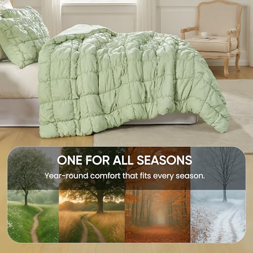 Amélie Home Sage Green Bubble Comforter Set King Size, 3 Pieces Ultra Soft Cozy Bedding Set for All Seasons, Farmhouse Luxury Gift for Women Home Decor Amélie Home