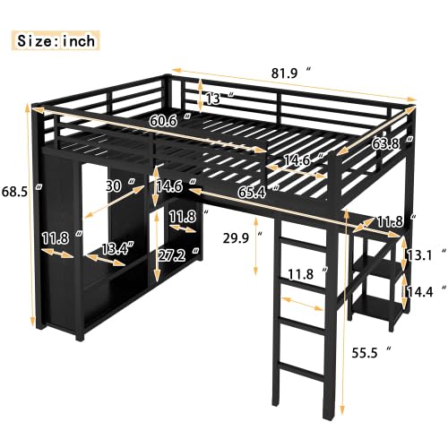 Queen Size Loft Bed with Built-in Wardrobe, Metal Loft Bed Frame with Desk and Storage Shelves, Black Bellemave
