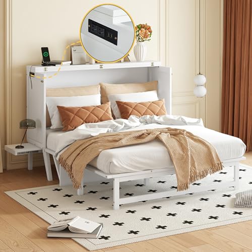 Ball & Cast Queen Size Murphy Bed W/ 2 USB Port & Power Outlets,Cabinet Bed W/Desk & 2 Removable Shelves,Wall Bed Frame for Home Office,Apartment,Guest Room,White Ball & Cast