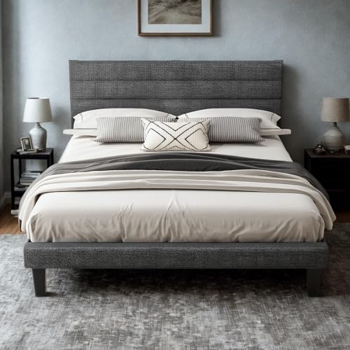 VINGLI Platform Bed Frame Queen Size with Linen Fabric Headboard,Modern Panel Low Profile Bed with Upholstered & Sturdy Slats Support for Bedroom, Mattress Foundation, Dark Gray VINGLI