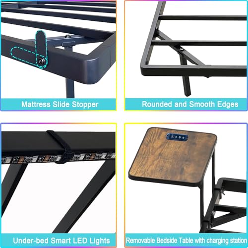 Bigu Floating Bed Frame King with Bedside Tables, Charging Station and LED Lights Metal Platform U.S. Standard, Black Bigu