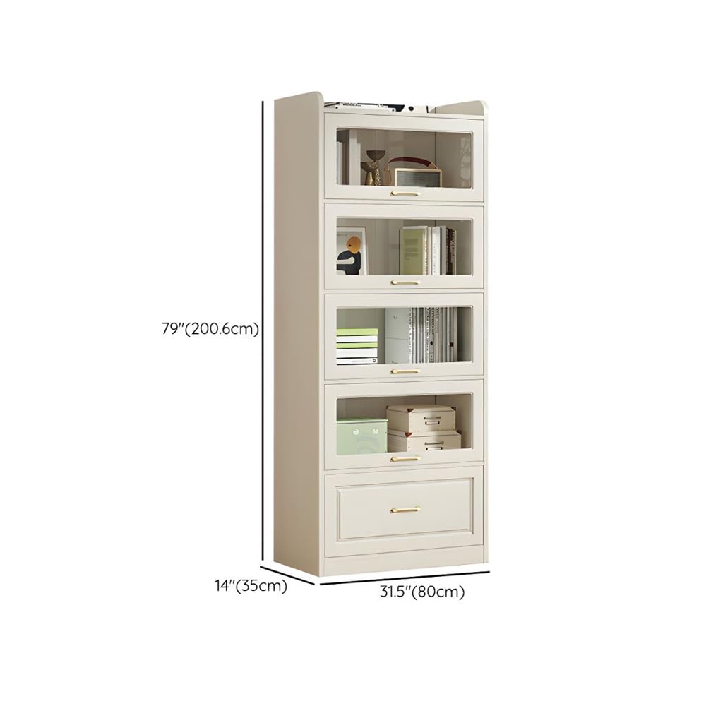 LITFAD Modern White Wooden Bookcase with Glass Doors & Drawer for Minimalist Storage LITFAD