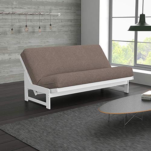 Nirvana Futons Nico Urban Loft Linen Series Sleeper Sofa Collection Full Size White Armless Arden Futon Frame, Storage Drawers, Mattress and Umax Khaki Futon Cover Set Nirvana Futons