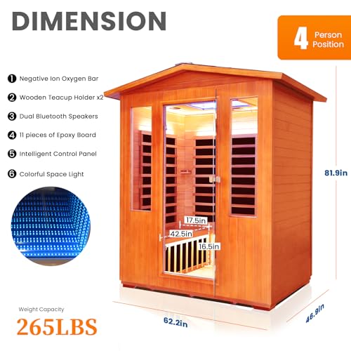 OUTEXER Outdoor 4 Person Sauna Far Infrared Saunas Dry Sauna Room Red Cedar and Canadian Hemlock Wood Wooden Sauna Spa 2600W 240V with 7 Color Light 62.2 * 46.8 * 81.9 inches OUTEXER