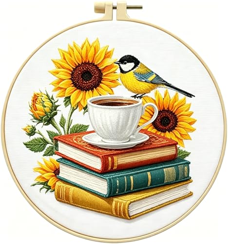 Zhenqing Sunflower Bird & Books Embroidery Kit for Beginners - Complete Set with Pre-Printed 29x29cm Cotton Fabric, Hoop, Threads & Tools(C0112)