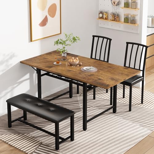 AWQM 4-Piece Faux Wood Drop Leaf Dining Table with Storage Rack, Space Saving Breakfast Nook Table Set with 2 Backrest Chairs and 1 Upholstered Bench, Kitchen Dining Table and Chairs Set for 2-4 AWQM