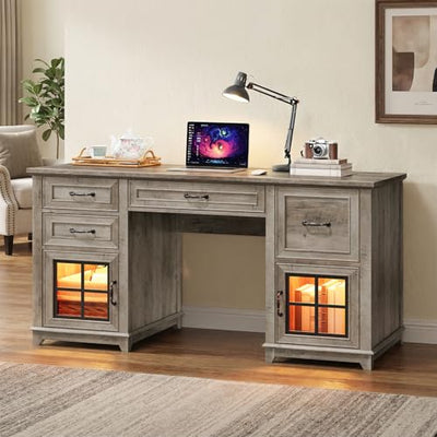 RALGEND 58" Farmhouse Executive Desk with Drawers, LED Light, Computer Desk with Drawers and File Cabinet, Wooden Home Office Desk with Charging Station, Workspace for Writing, Greige