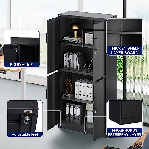 Yizosh Metal Storage Locking Cabinet with 4 Doors and 2 Adjustable Shelves,71" Lockable Garage Tall Steel Cabinet,for Home Office,Living Room,Pantry,Gym,Commercial Storage (Black) Yizosh