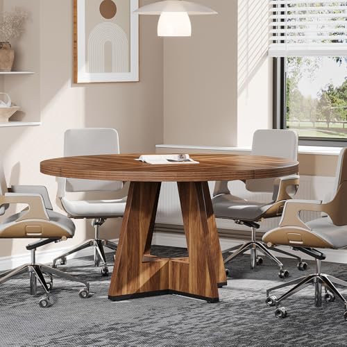 Tribesigns 47-Inch Round Conference Table for 4-6 People, Wooden Meeting Room Table with Thicken Tabletop and Wood Base, Modern Meeting Training Desk for Conference Room Seminar Room (Walnut) Tribesigns