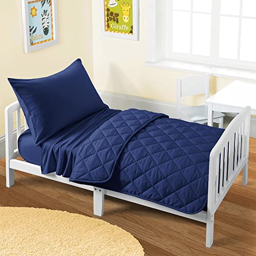 FLXXIE Toddler Bedding Set - 4 Piece Microfiber Crib Sheet Set, Crib Bedding Set Includes Quilted Comforter, Flat Top Sheet, Fitted Sheet, Envelope Pillow Case for Boys and Girls, Navy Blue FLXXIE
