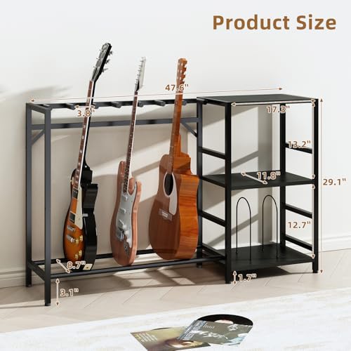 ZHNSYDN Record Player Stand with Guitar Stand, Record Player Table with Guitar Rack, Guitar Holder 7 Space for Multiple Guitars, Bass, Acoustic, Guitar Display for Home Music Studio, Black ZHNSYDN