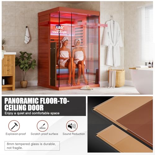MEISSALIVVE Full Spectrum Infrared Sauna,1-2 Person Home Sauna,Red Cedar Indoor Sauna with Resonance Speaker, Panoramic Tempered Glass Door MEISSALIVVE