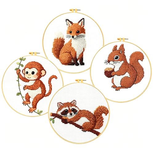Zhenqing 4 Forest Animal Cross Stitch Kit for Beginners, 11CT Printed White Cotton Fabric 20x20cm with Hoop, Fox, Monkey, Squirrel, Raccoon Designs, Complete Embroidery Supplies(70749)