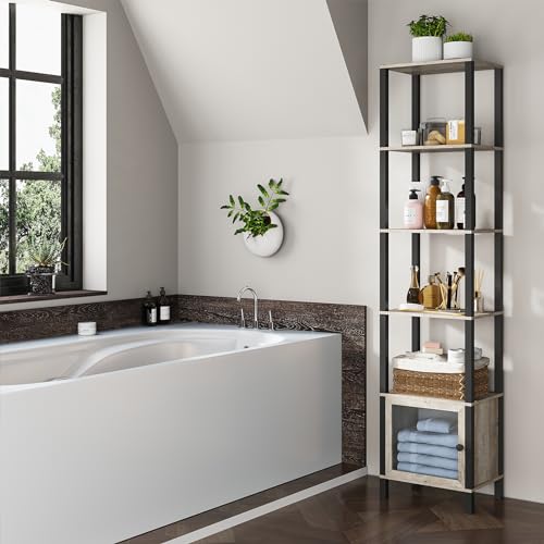 TUTOTAK 6-Tier Greige Narrow Bookcase with Door for Small Spaces TUTOTAK