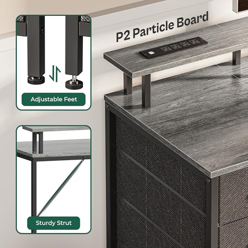 Huuger 55 Inch Computer Desk with Power Outlets and LED Lights, Gaming Desk with 4 Drawers, Office Desk with Monitor Stand, Study Work, Home Office, Gray Huuger