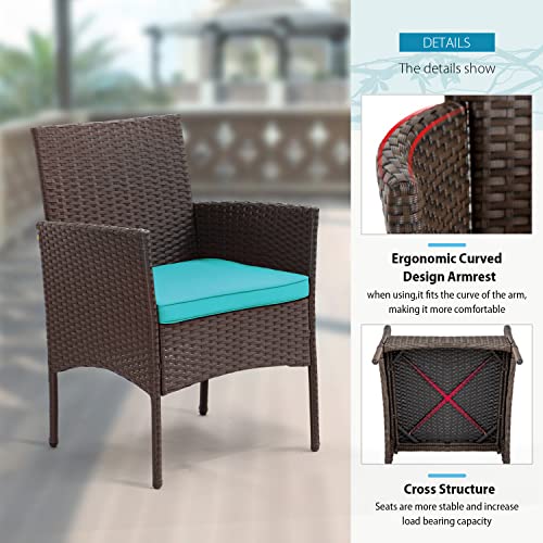 FDW 3 Piece Outdoor Furniture Set Patio Brown Wicker Chairs Furniture Bistro Conversation Set 2 Rattan Chairs with Blue Cushions and Glass Coffee Table for Porch Lawn Garden Balcony Backyard FDW