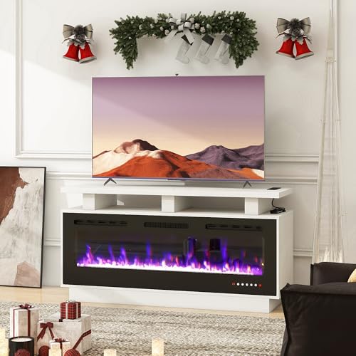 Fireplace TV Stand with 50" Smart Electric Fireplace, Solid Wood Fire Place with Mantel, Modern Fireplace Cabinet with Socket for Living Room Farmhouse Entertainment Center White, (50 inch, WiFi) ROCSUMOO