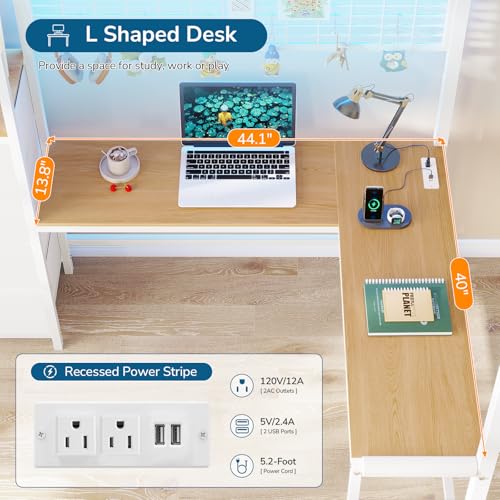 Twin Loft Bed with L-Shaped Desk, 7 Storage Drawers, Metal Loft Bed Twin Size with LED Lights and Charging Station, Storage Shelf and Pegboard, Safety Guardrail and Ladder, No Box Spring Needed, White mojiasion