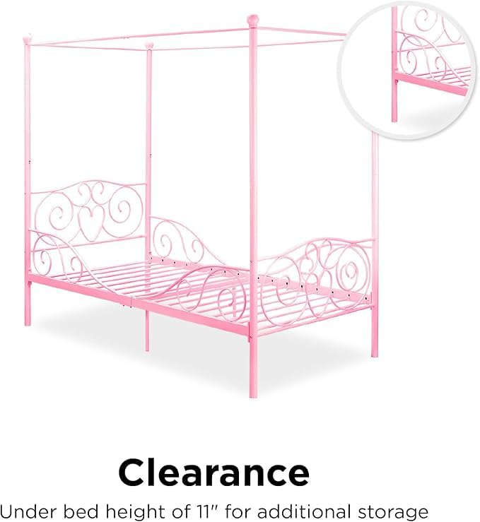 Twin Canopy Bed Frame for Girls, Pink Metal Princess Bed with Heart Design, No Box Spring Needed, Weight Capacity 225 lbs, Underbed Storage Space WoodArtSupply
